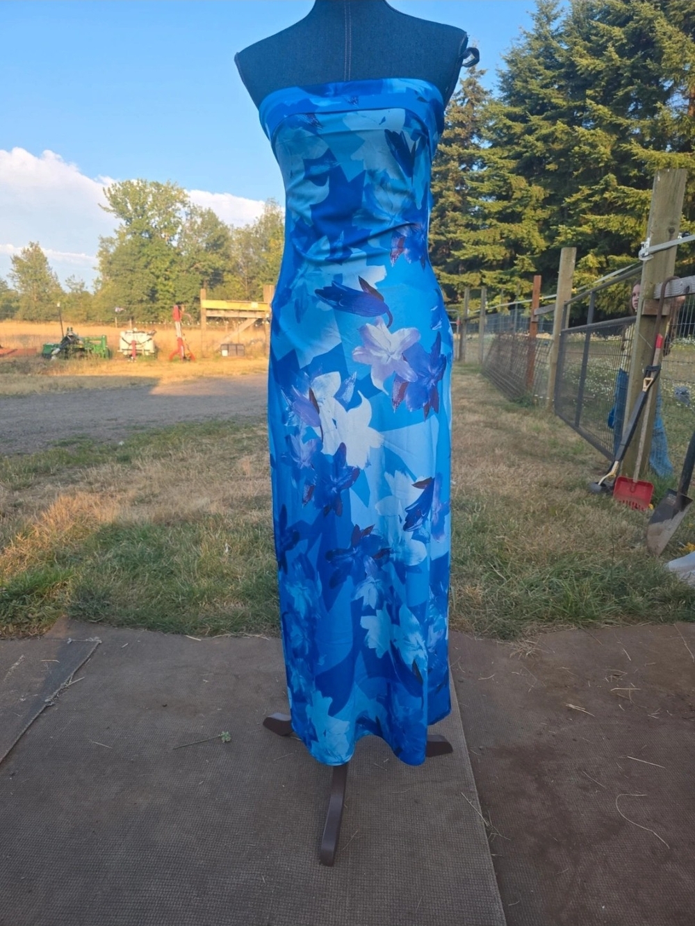 Blue Floral Strapless Maxi Dress